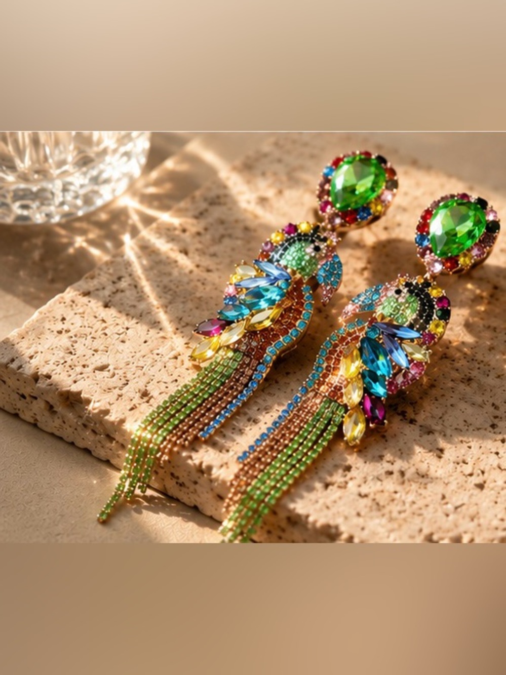 Statement Crystal Parrot Earrings | Colorful Rhinestone Drop / Tropical Jewelry